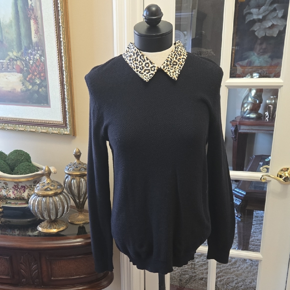 J. Crew Black Textured Sweater Animal Print Collar Long Sleeve 100% Cotton M NEW